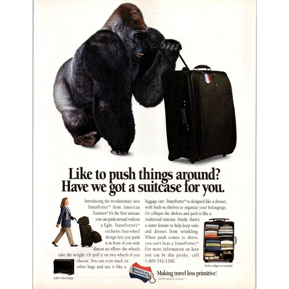 1996 American Tourister Transporter Suitcase Luggage Vintage Print Ad Gorilla